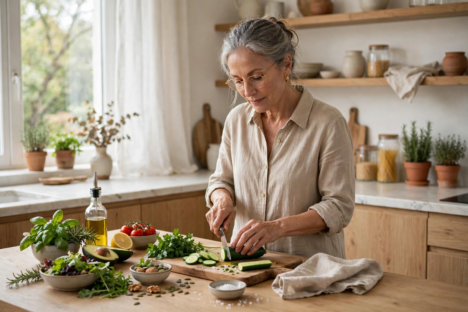 A mature woman preparing fresh food mindfully in a bright kitchen